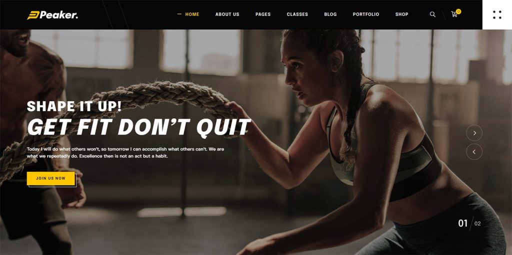Visual of Peaker, one of the top-rated WordPress themes for gyms with 11 portfolio options.