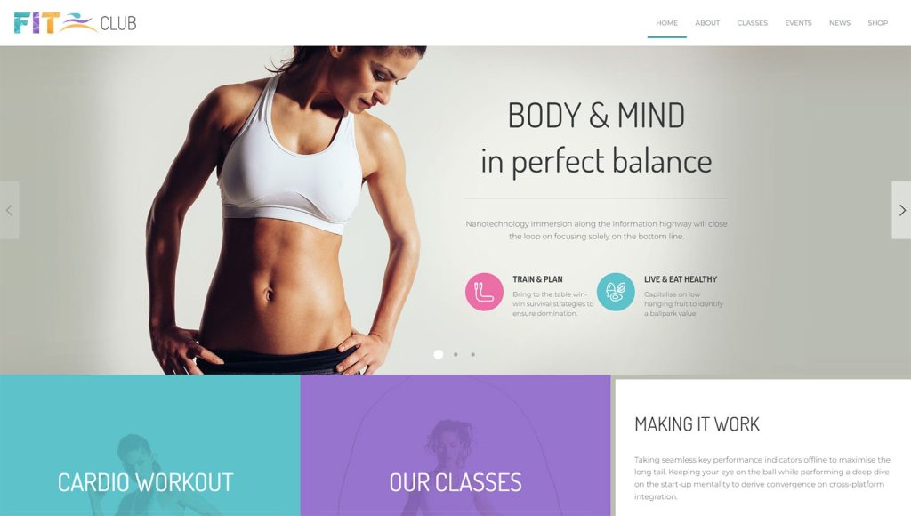 Illustration of Fitness Club, one of the best fitness WordPress themes with 9 pre-designed layouts for home pages.