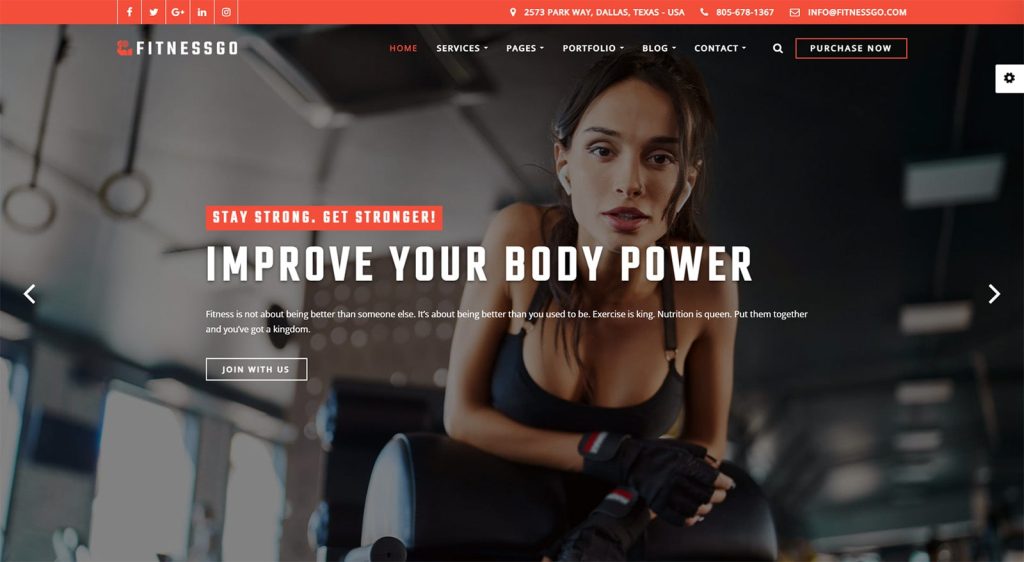 Graphic of FitnessGo, one of the best fitness WordPress themes with varied color schemes and backgrounds.