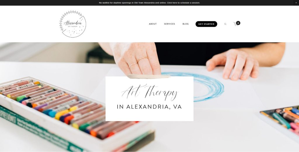 Picture of Alexandria Art Therapy, one of the therapist website examples with multiple pages.