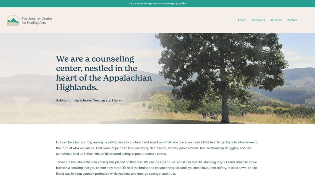 Visual of The Journey Center for Healing Arts, a therapy center website example with a complete knowledge base for psychology resources.