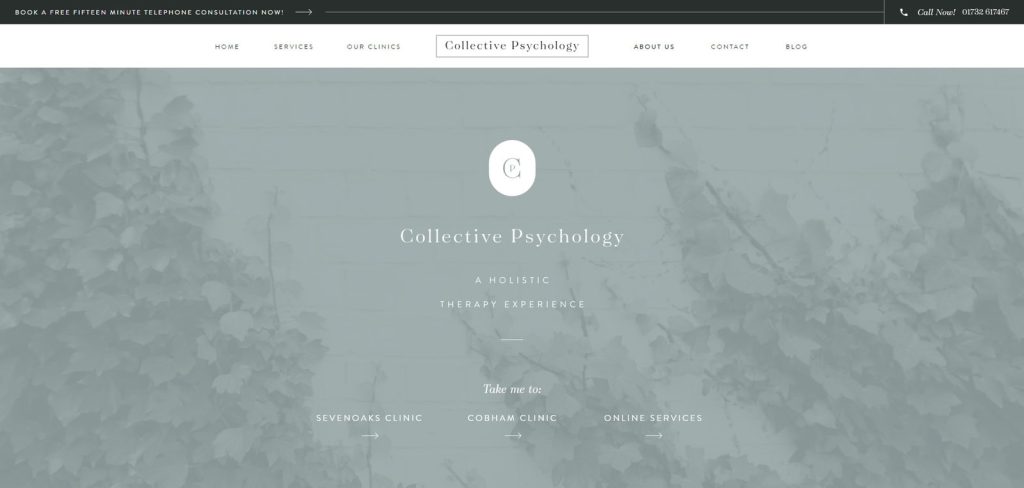 Image of Collective Psychology, a modern therapy clinic website with detailed clinic location & team descriptions.