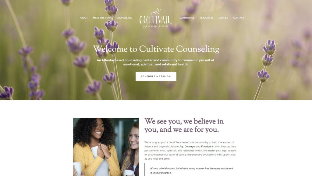 Figure of Cultivate, a therapist website design option with integrated social page links.