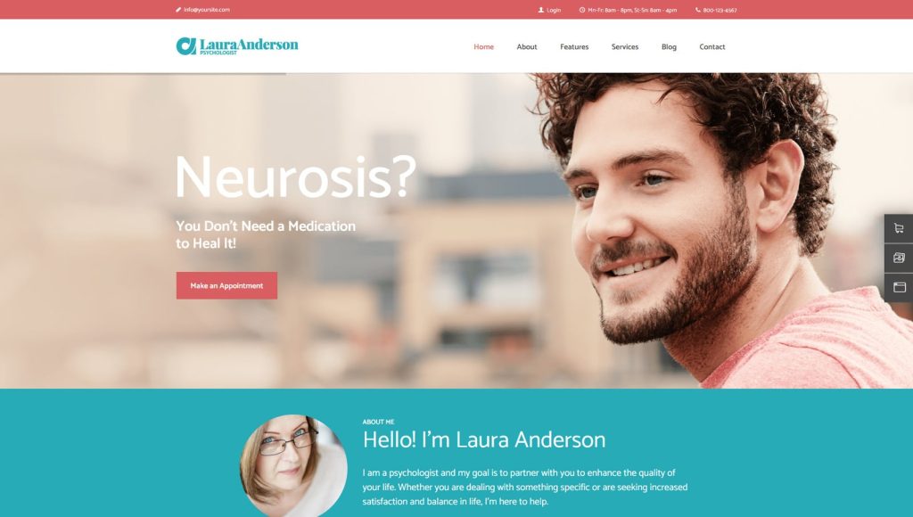 Photograph of Laura Anderson, a responsive WordPress theme for individual therapists with 2 slider options for home pages and galleries.