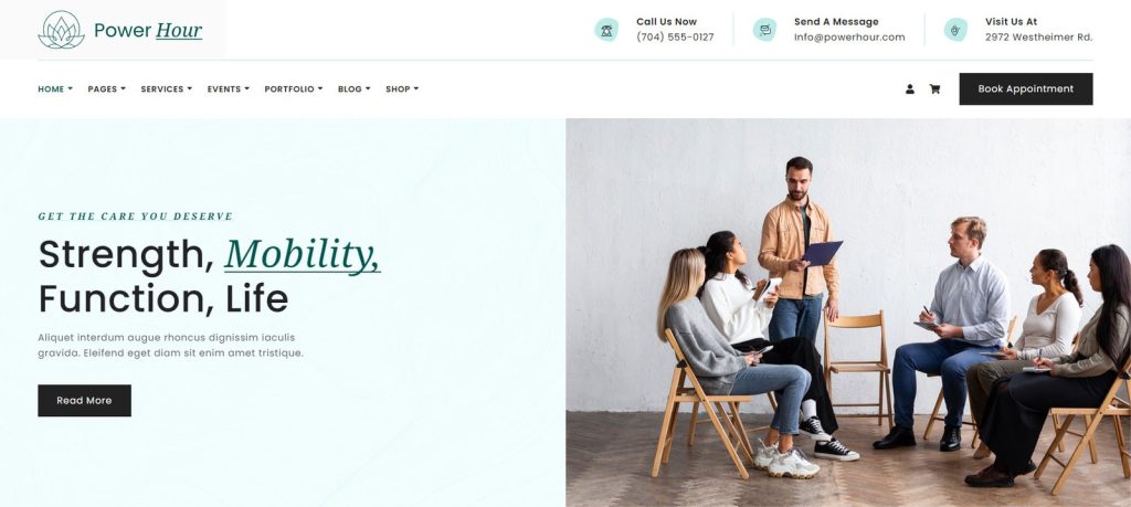 Image of Power Hour, one of the therapist website examples and WordPress themes with mobile-ready & diverse home pages.