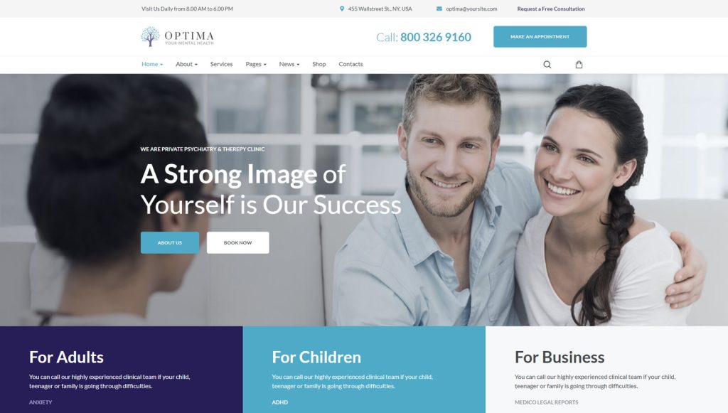 Photograph of Optima, a psychology center WordPress solution with a built-in appointment booking system.