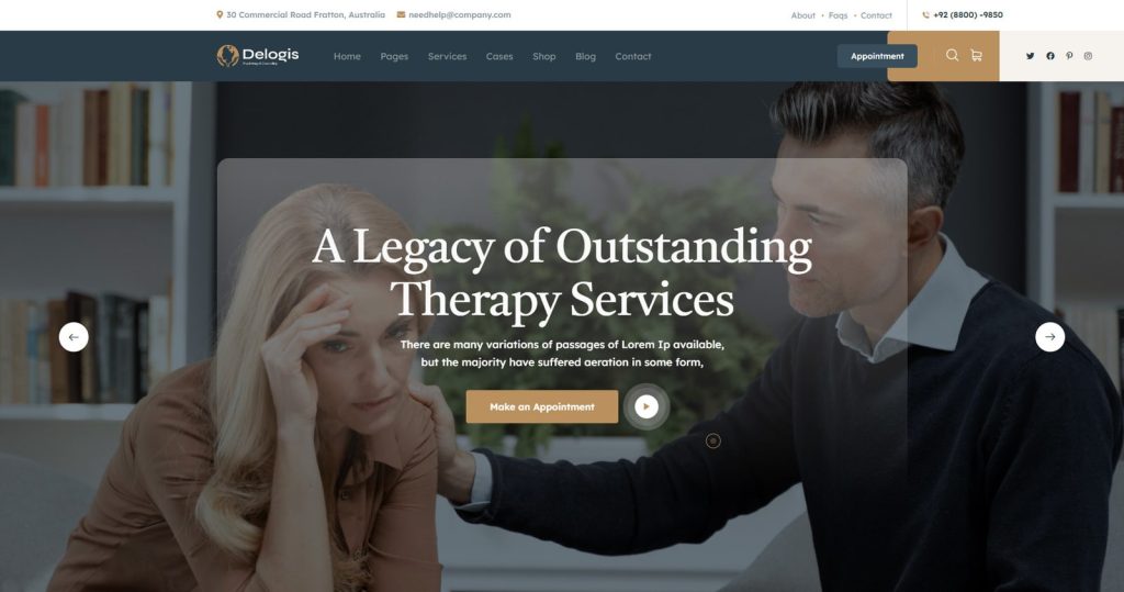 Graphic of Delogis, one of the therapist website examples and WordPress themes with 10 service pages.