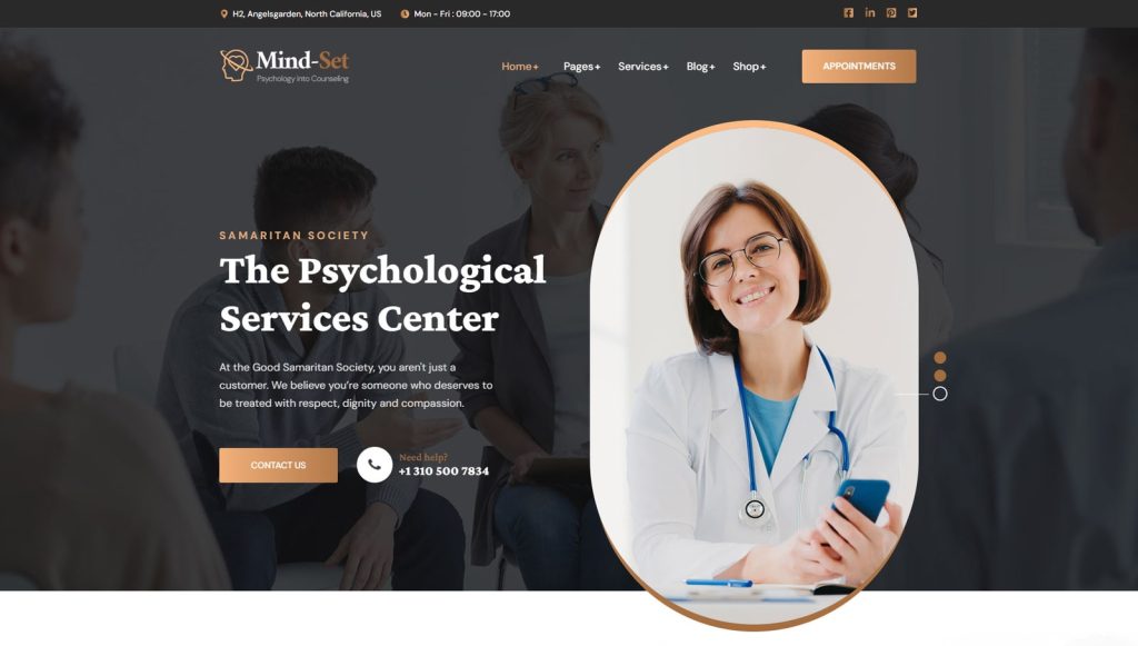 Representation of Mindset, a flexible WordPress design option for a therapist website with cross-browser compatibility.