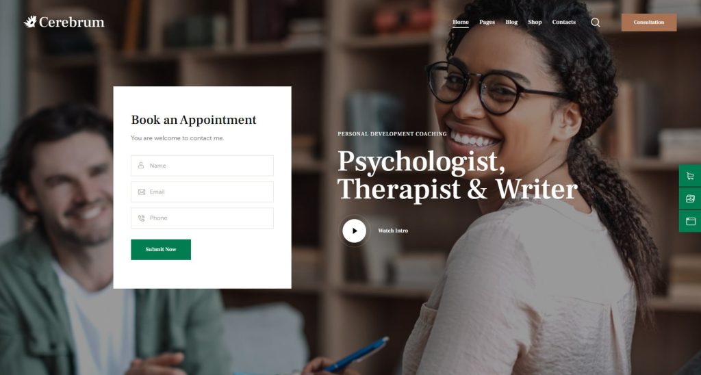 Visual of Cerebrum, one of the therapist website examples and WordPress themes with AI-powered content generation.