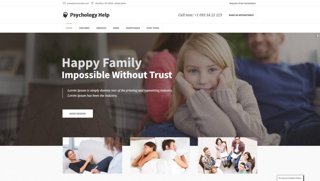 Illustration of Psychology Help, a modern WordPress theme for mental health specialists with an integrated Events Calendar plugin.