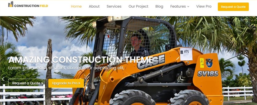 Screenshot of the construction Field theme for WordPress sites in yellow and white colors.