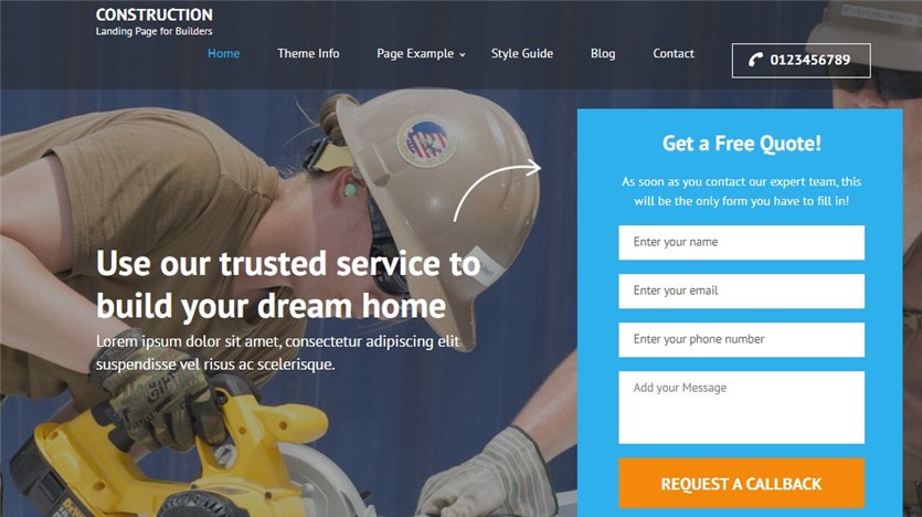 Screenshot of the construction Landing Page free theme demo page in blue, white and yellow colors.