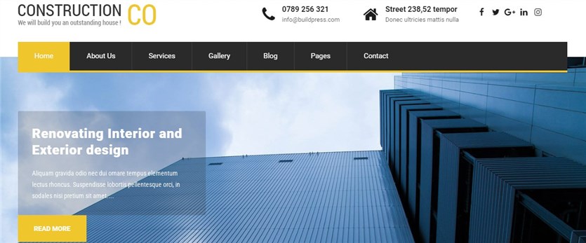 Screenshot of the SKT construction Lite free WordPress theme demo page in blue, yellow and white colors.