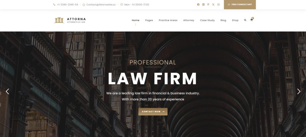 Graphic of Attorna, one of lawyer WordPress themes with 6 included demo designs.