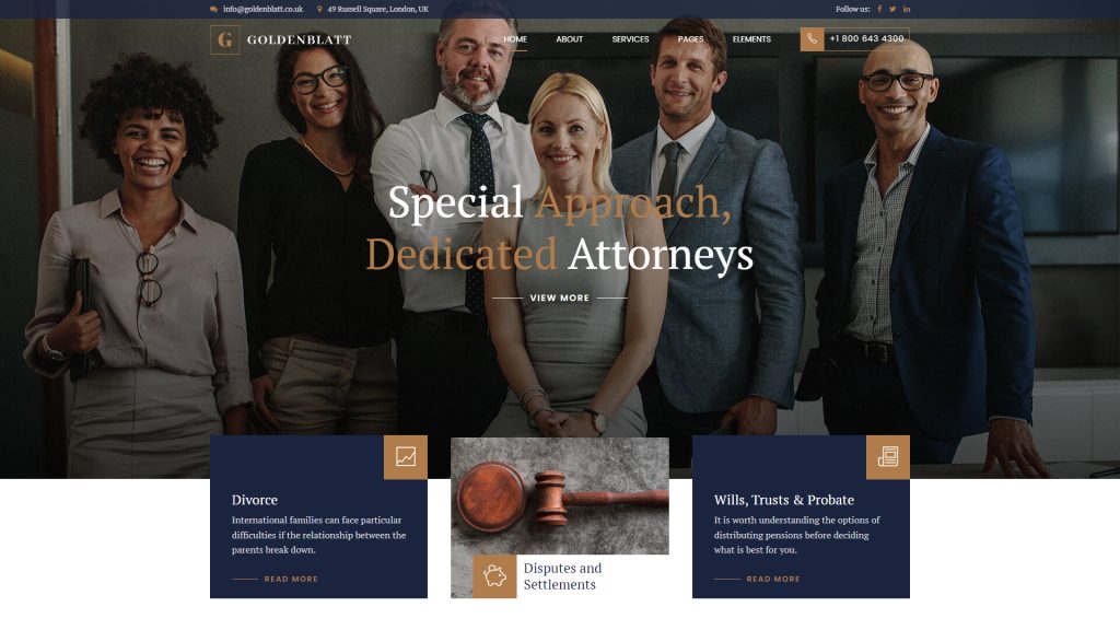 Picture of Goldenblatt, one of lawyer WordPress themes with a drag-and-drop page builder.