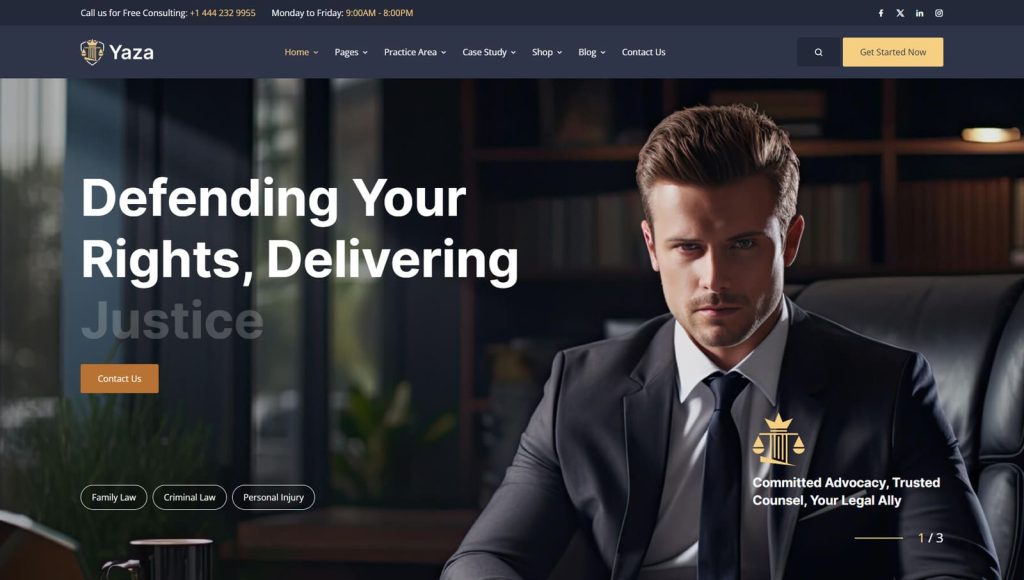 Picture of Yaza, one of lawyer WordPress themes optimized for performance.