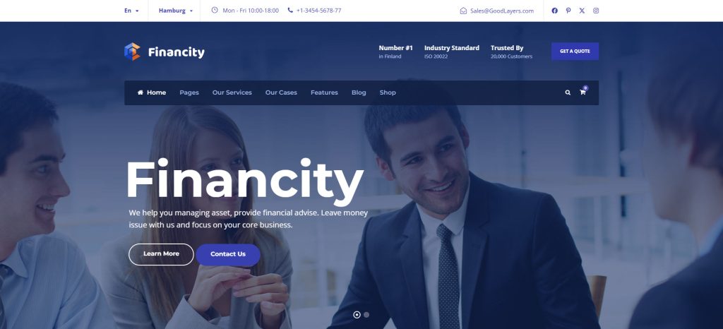 Representation of Financity, one of lawyer WordPress themes with background wrapper options.