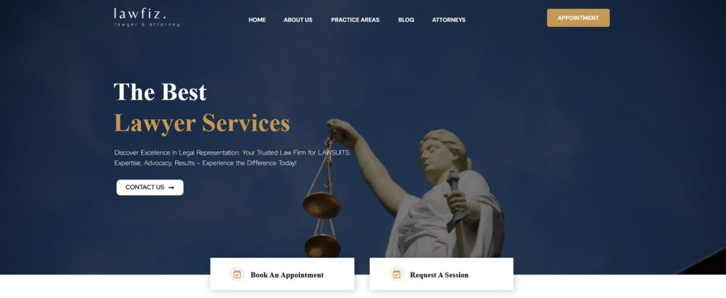 Portrait of LawFiz, one of lawyer WordPress themes with a pre-designed blog page.