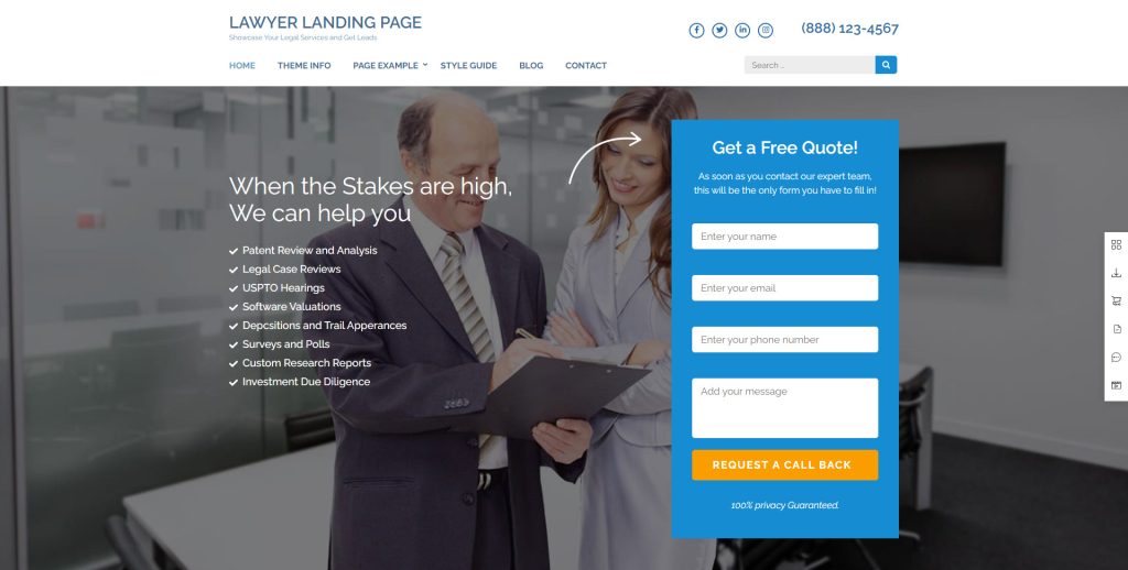 Visual of Lawyer Landing Page, a lawyer WordPress theme with multi-language plugin support.