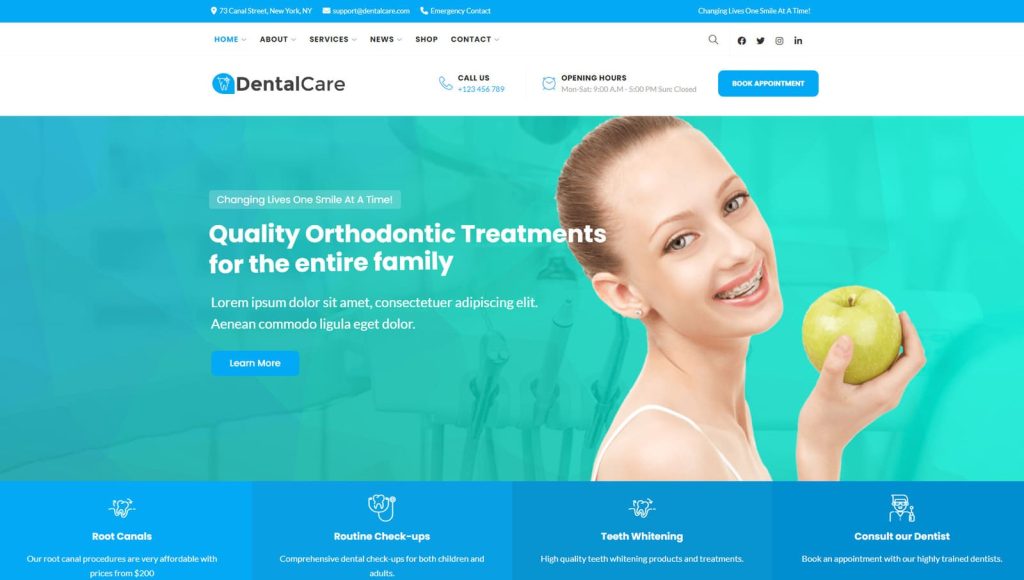 Representation of Dental Care, one of the fast-loading dentist WordPress themes with 3 blog page designs.