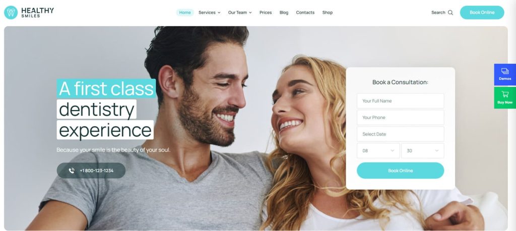 Graphic of Healthy Smiles, one of the accessible dentist WordPress themes with pre-built layouts for dental services.