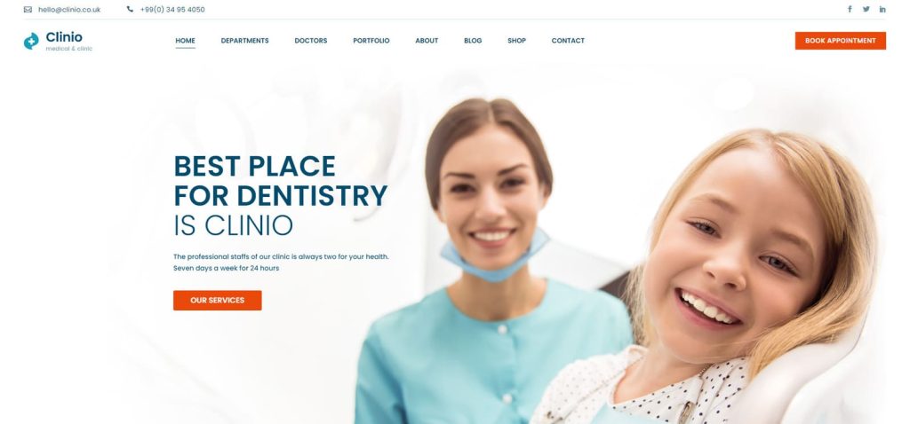 Visual of Clinio, one of the most robust dentist WordPress themes with 20+ included UI elements & widgets.