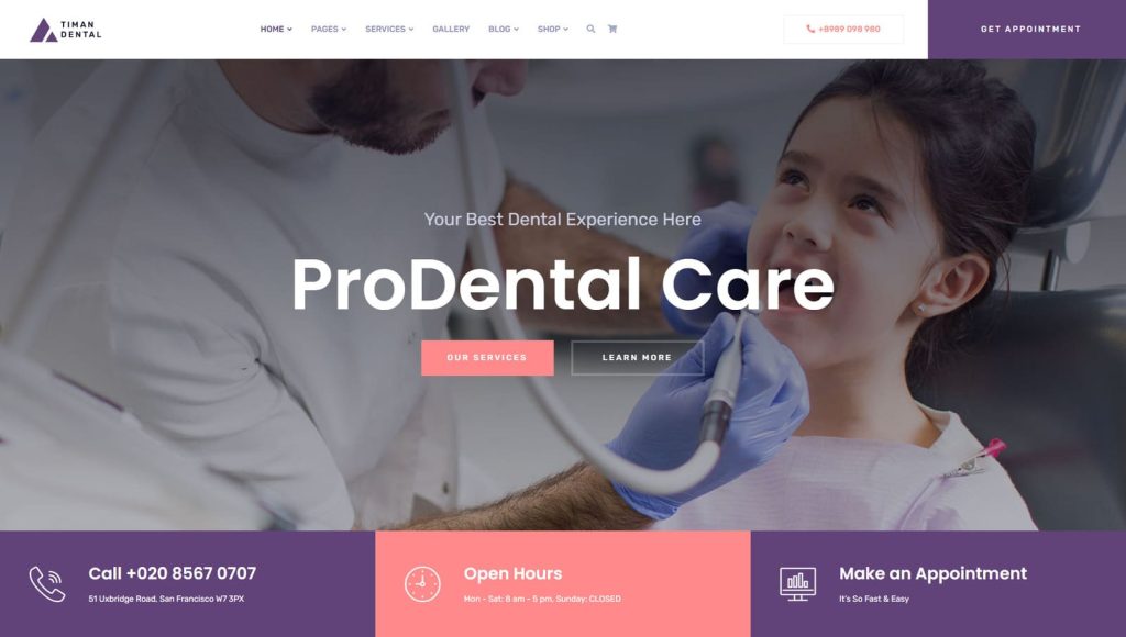 Image of Timan, one of the responsive dentist WordPress themes with 6 homepage layouts.