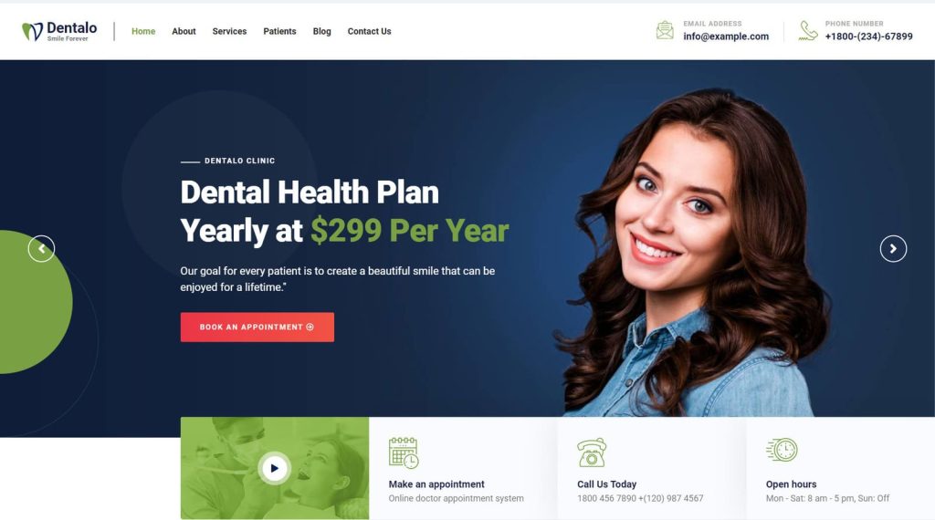 Figure of Dentalo, one of the mobile-friendly dentist WordPress themes with an integrated booking system.