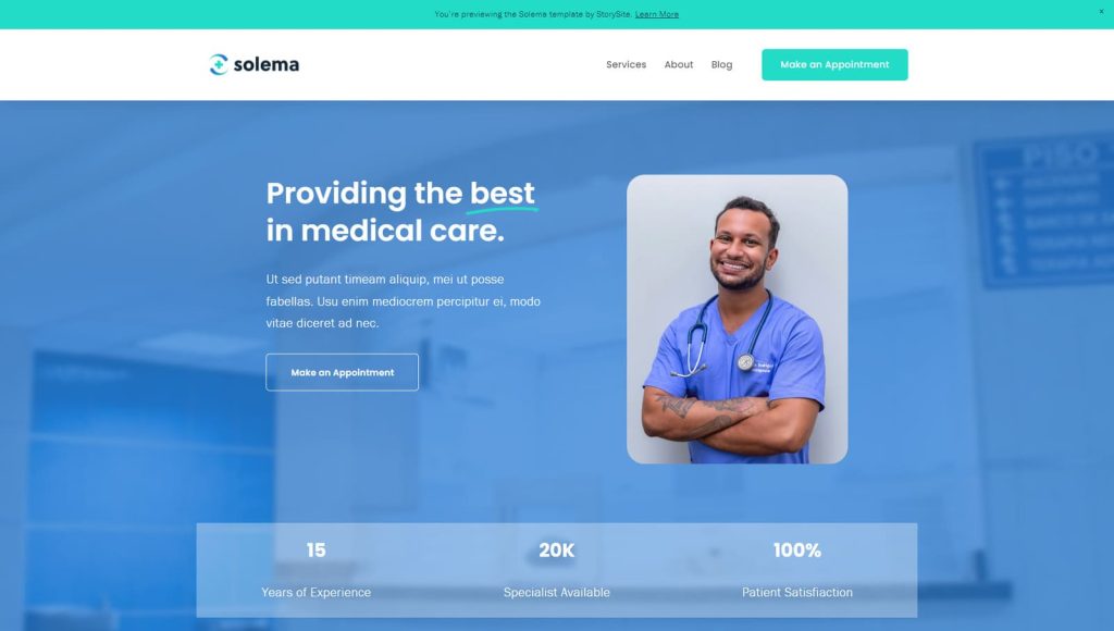 Snapshot of Solema, a flexible dentist website template for Squarespace with a built-in contact form & Google Maps sections.