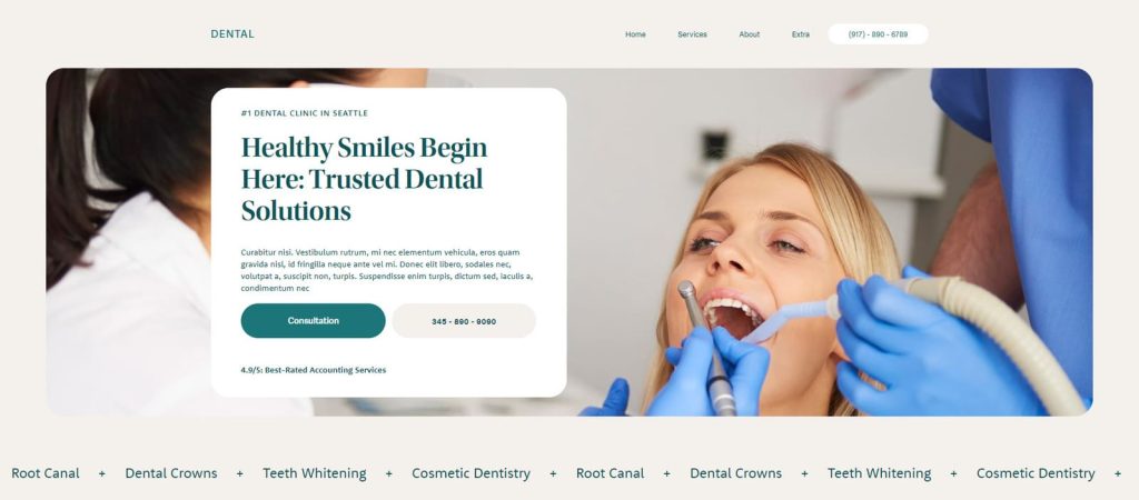 View of Dental, a modern dentist website template for SquareSpace with an integrated blog.