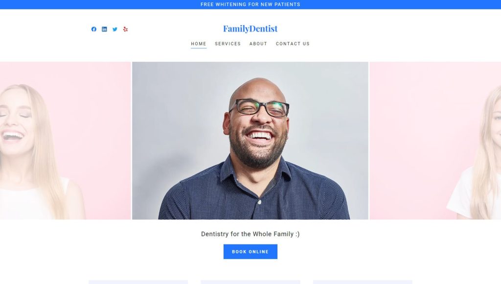 Photograph of FamilyDentist, a content-rich dentist website template for GoDaddy Website Builder with social link integration.