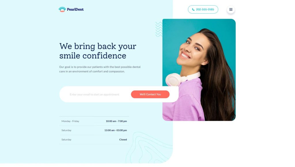 Graphic of PearlDent, a user-friendly dentist website template for Brizy Cloud with 4 included pages.