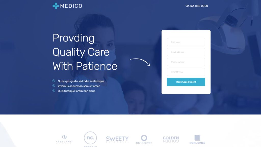 Representation of Medico, a robust dentist website template for Brizy Cloud with a responsive one-page design.