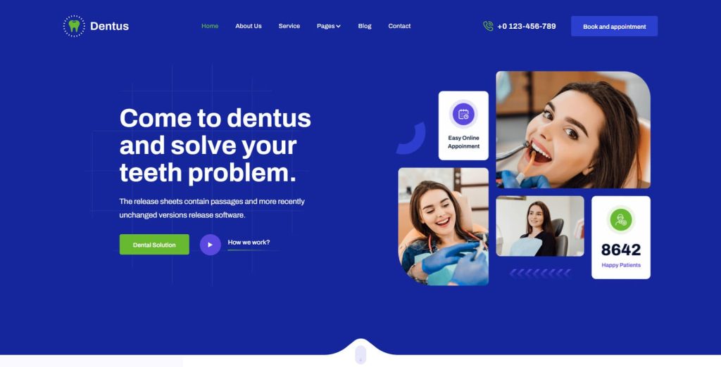 Illustration of Dentus, a responsive dentist website template for Webflow with 8 pre-designed pages.