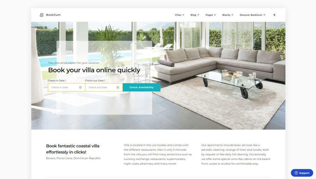 Graphic of Booklium, a flexible short-term rental WordPress theme with 34+ Gutenberg blocks.