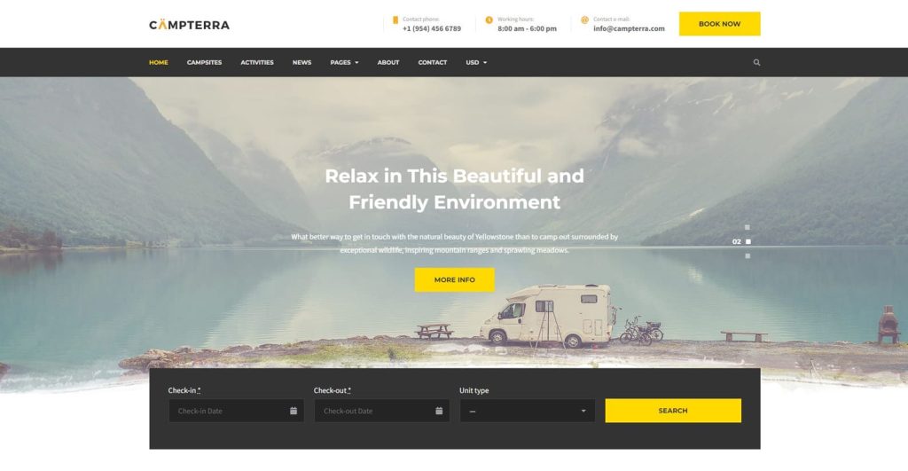 Representation of Campterra, a modern camping WordPress design solution with camp map, team, and review sections.