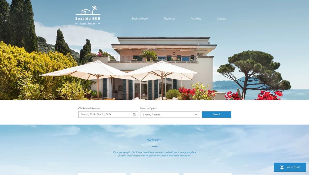 Visual of Seaside B&B, a colorful & spacious Wix website template for vacation rentals with smooth page transitions.