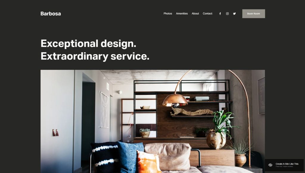 Snapshot of Barbosa, a memorable Squarespace hotel template with an integrated gallery.