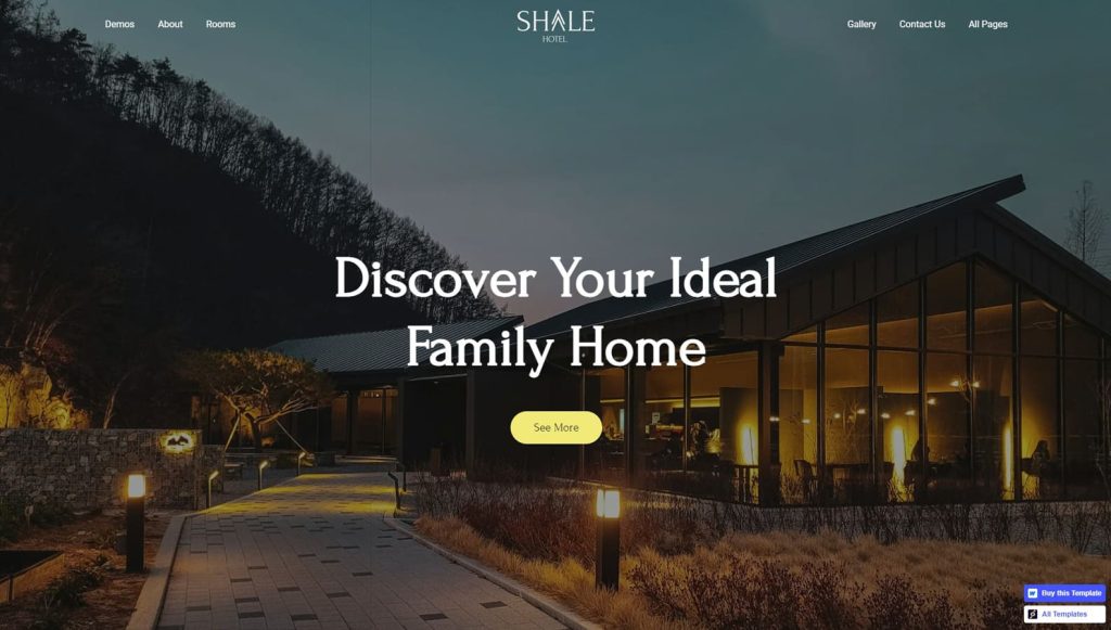 Representation of Shale, a configurable holiday rental website template with pages for room details, testimonials, and a gallery.