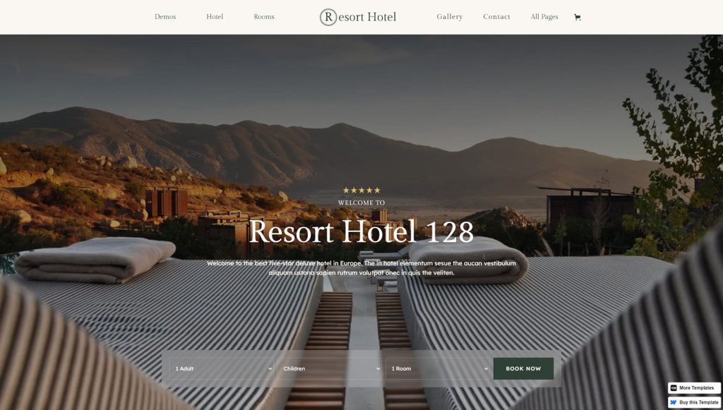 Graphic of Resort 128, one of the vacation rental website templates with a full-width homepage banner and a booking form.