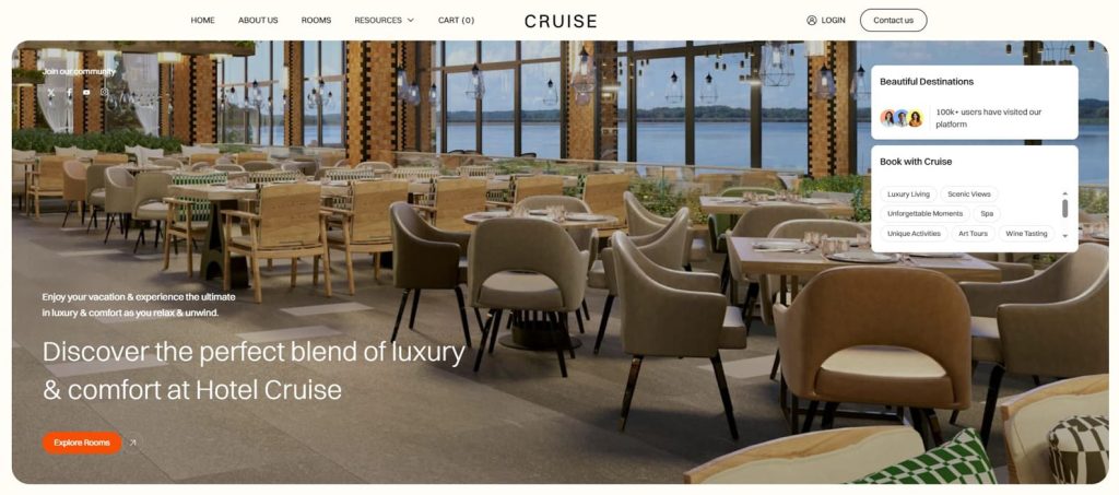 Visual of Cruise, one of the vacation rental website templates with multiple content sections with smooth animations.