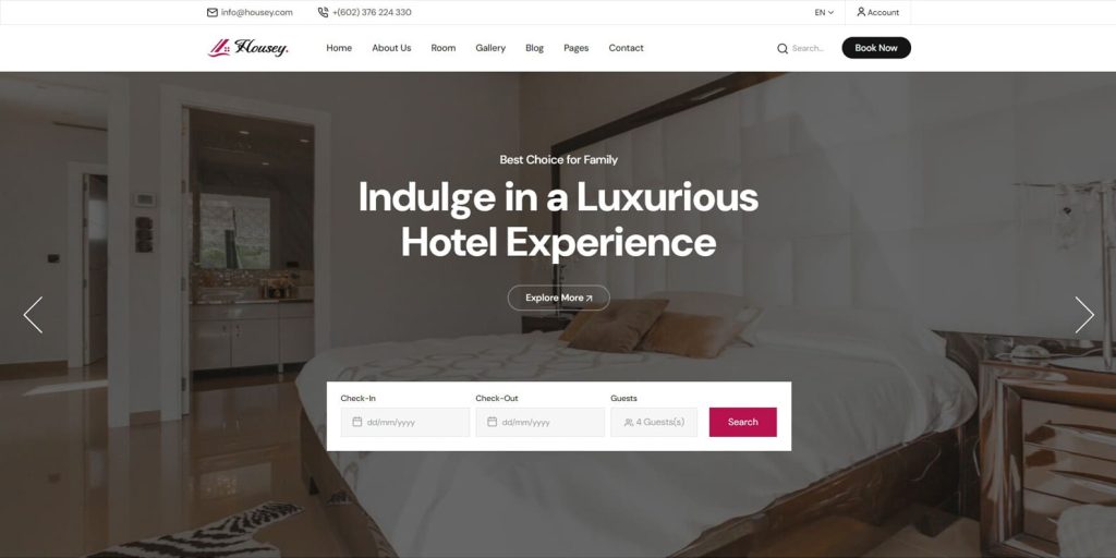 Representation of Housey, an HTML website template for vacation rentals and hotels with multiple layouts for blog & room pages.