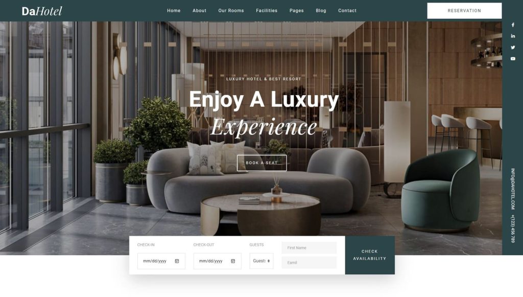 Graphic of DaHotel, a luxury hotel website design with pre-designed pages for hotel facilities, testimonials, and more.