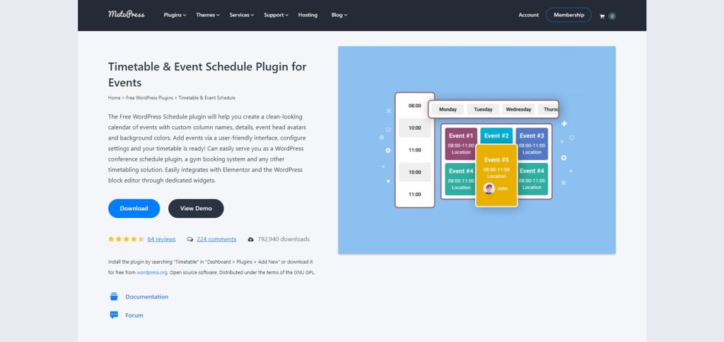 Photograph of Free Timetable & Event Schedule Plugin, a modern WordPress solution for event calendars with flexible timeframes.