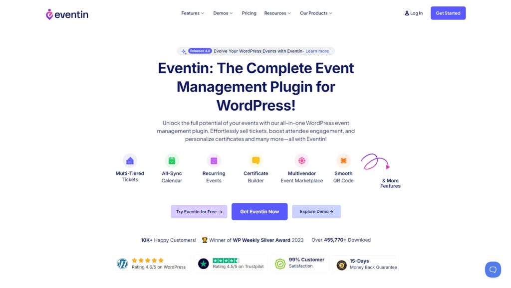 Visual of Eventin, an events calendar for WordPress with an integrated event certificate builder.