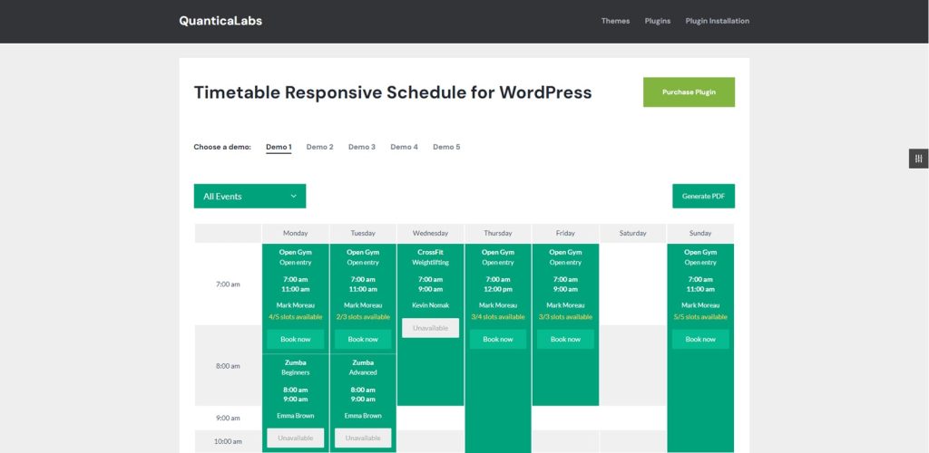 Figure of Timetable, an events calendar for WordPress with a responsive timetable layout.