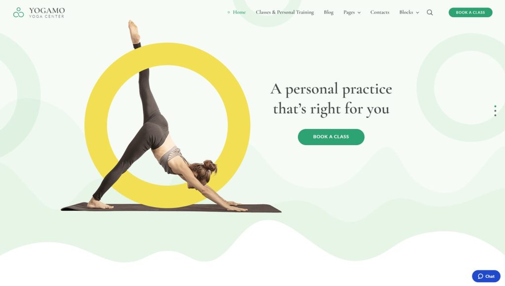 Picture of Yogamo, one of yoga WordPress themes with 8 pre-designed pages.