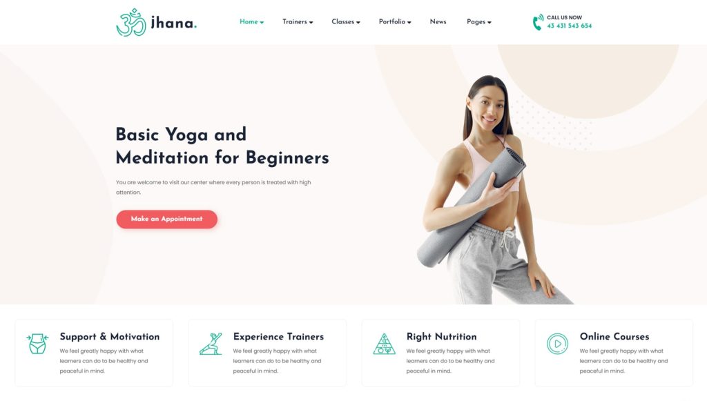 Visual of Jhana, a well-designed yoga theme with 3 custom post types.