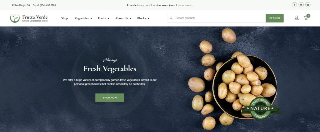 Picture of Frutta Verde, one of the popular WordPress themes for grocery store with easy product categorization & food ordering.