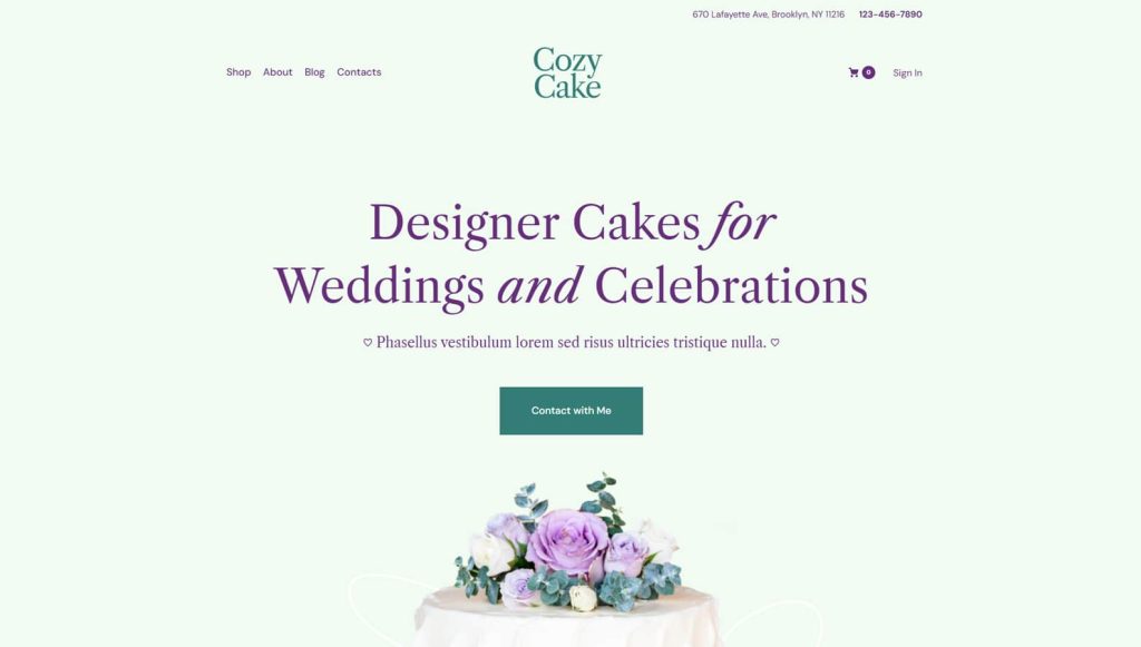 Representation of CozyCake, a well-designed WordPress theme for cake stores with a product gallery & shop.